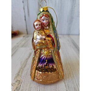 Vintage Virgin Mary Jerusalem Bethlehem grilled glitter glass ornament Xmas tree